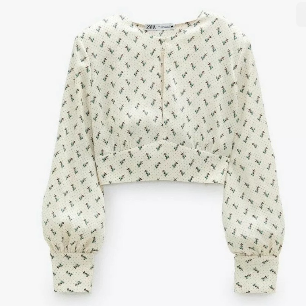 Zara Green Cream Fitted Button Down Crop Top - Picture 8 of 10